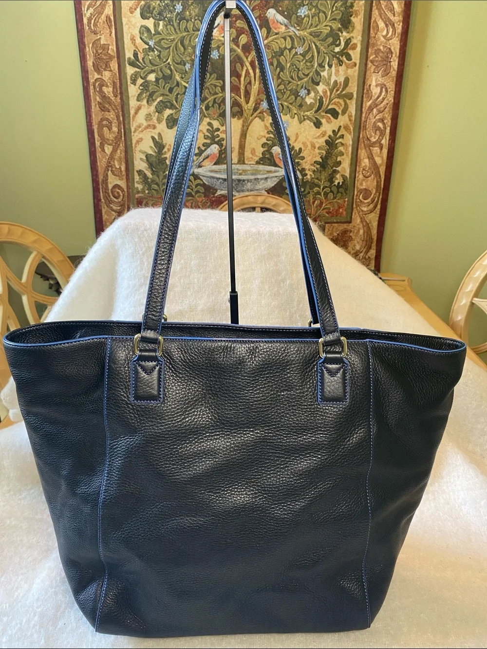 Vera Bradley Black Leather Tote with Blue Trim and Gold Logo